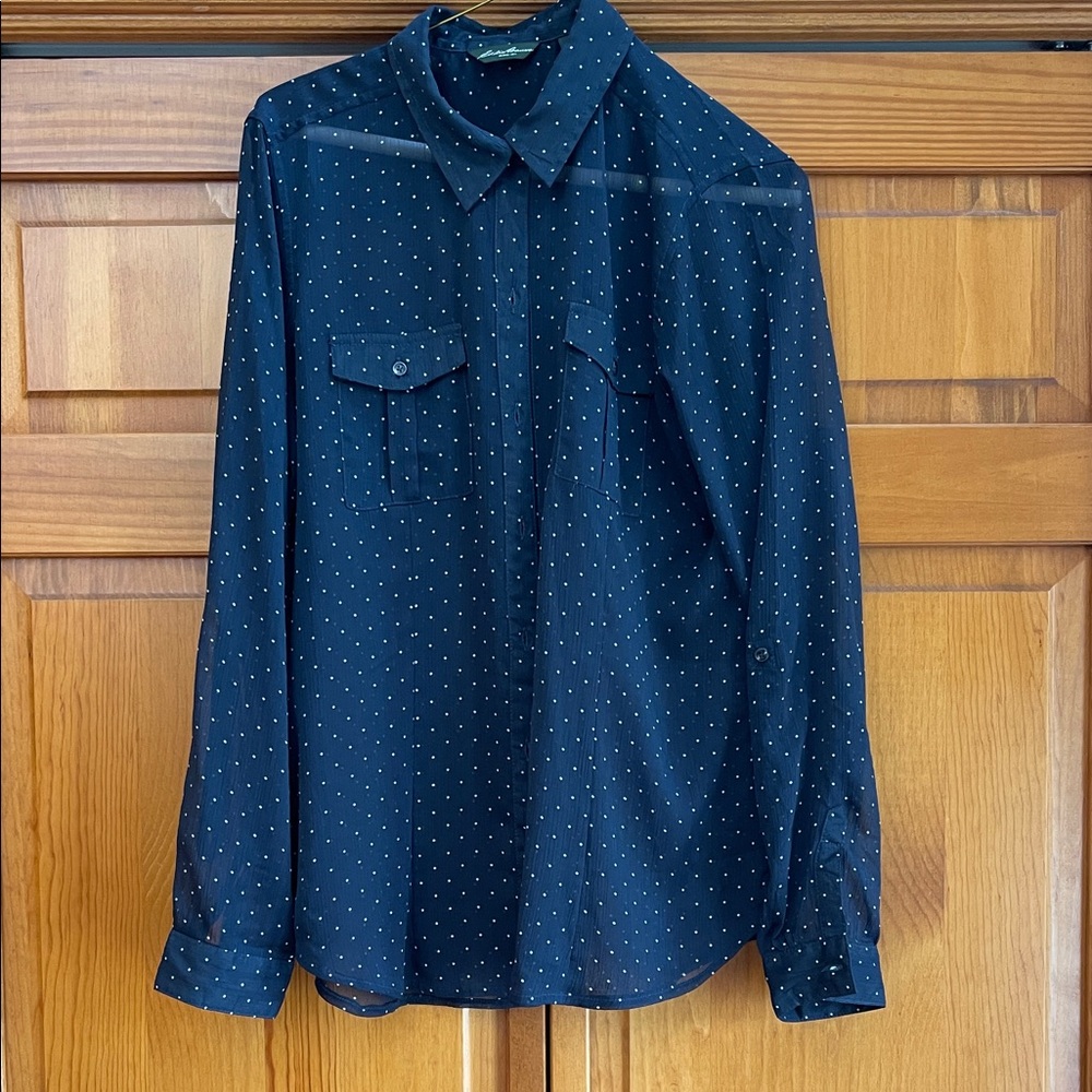 Eddie Bauer sheer navy Polka Dot Shirt